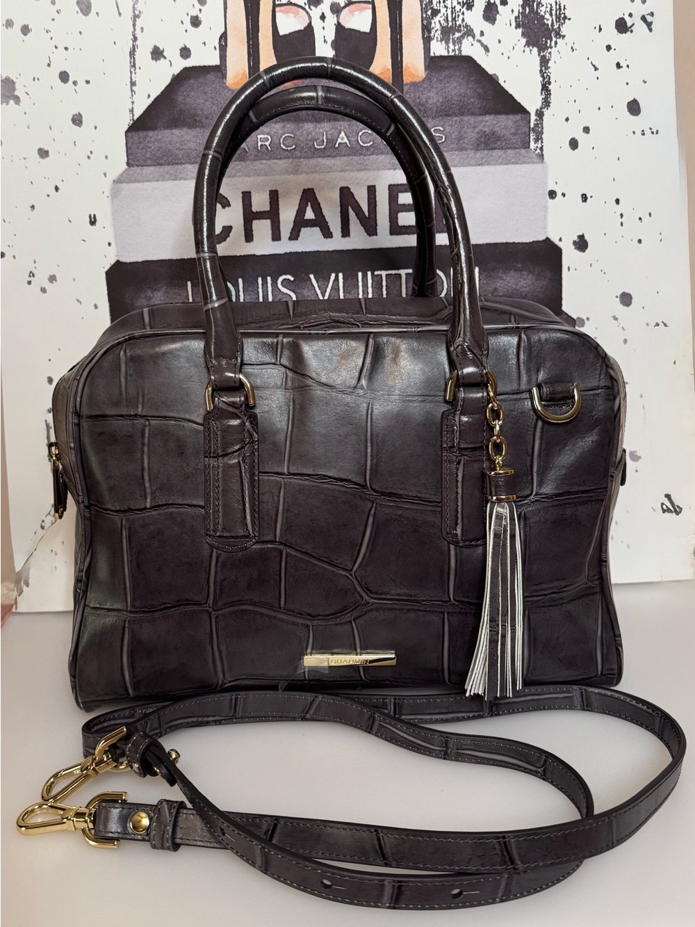 NWOT Brahmin Marissa Gray Croc-Embossed Leather Satchel Bag with Tassel